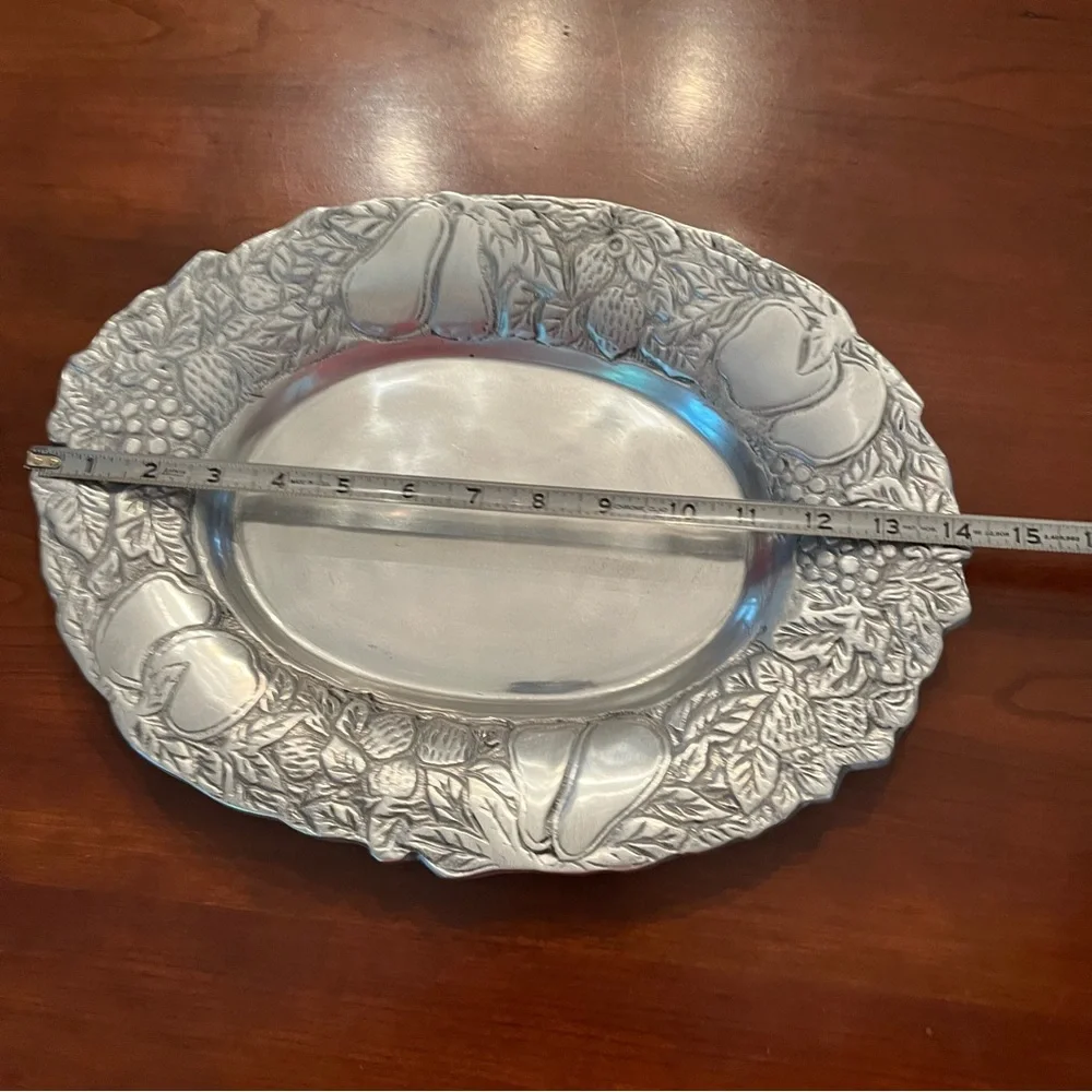 Vintage Silver Toned Serving Platter Oval with Embossed Fruit and leaves